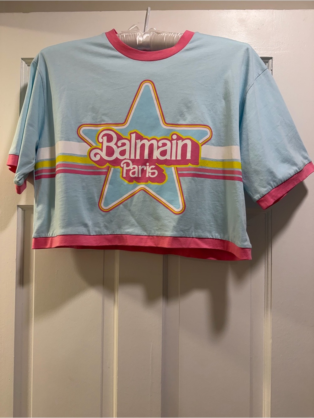 Like new Balmain x Barbie Blue & Pink Star Logo Crop Tee